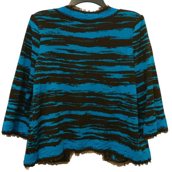 Ming Wang Cardigan Jacket Teal Blue Brown Ruffle Trim Large - Picture 5 of 8